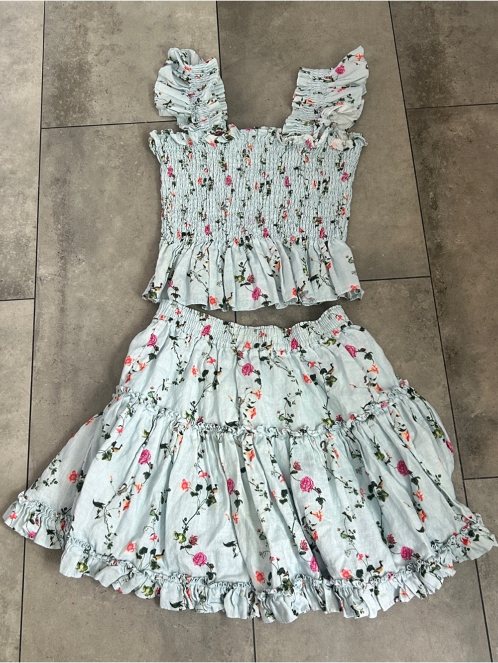 Hill House La Paz blue floral linen skirt and tank set ruffle small - Picture 3 of 7